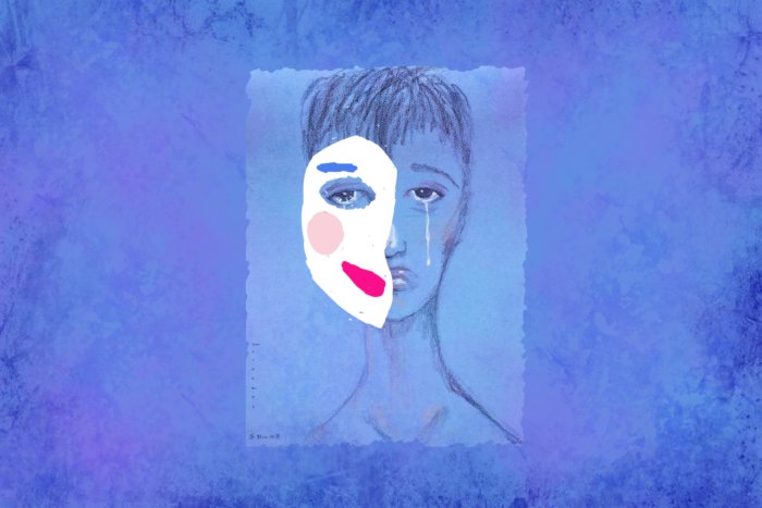 illustration of a mask on my partner's drawing of my sad face