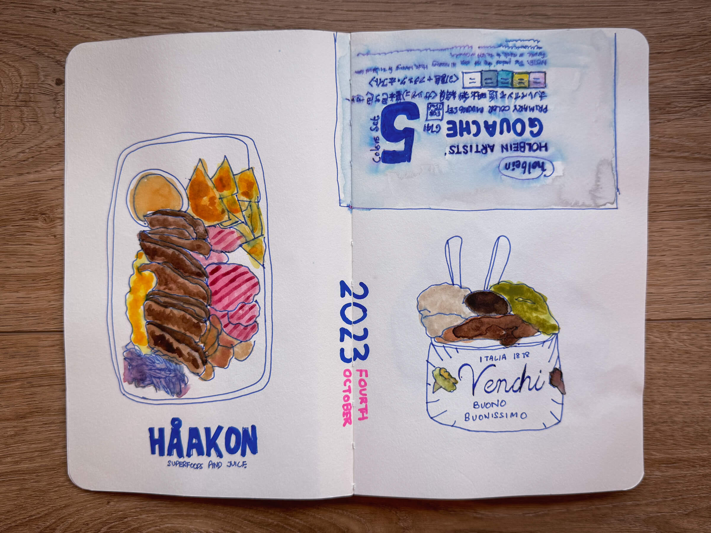 sketchbook spread of food and things from october 4th, 2023