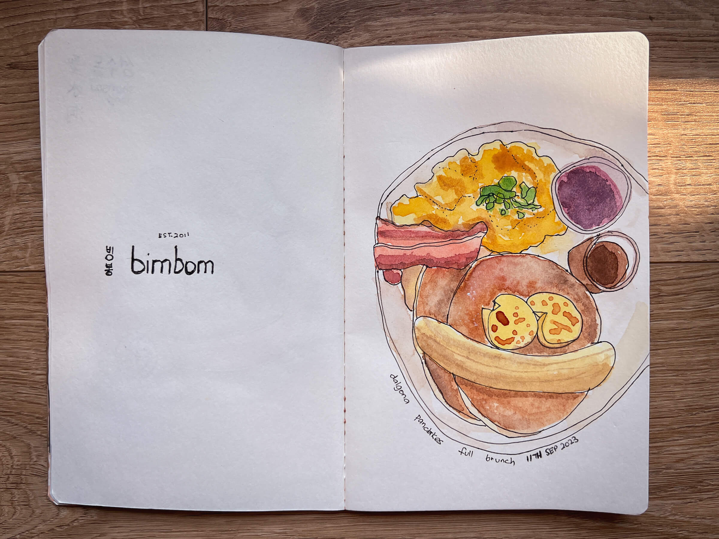 photo of my sketchbook displaying a painting of some brunch food from seoul