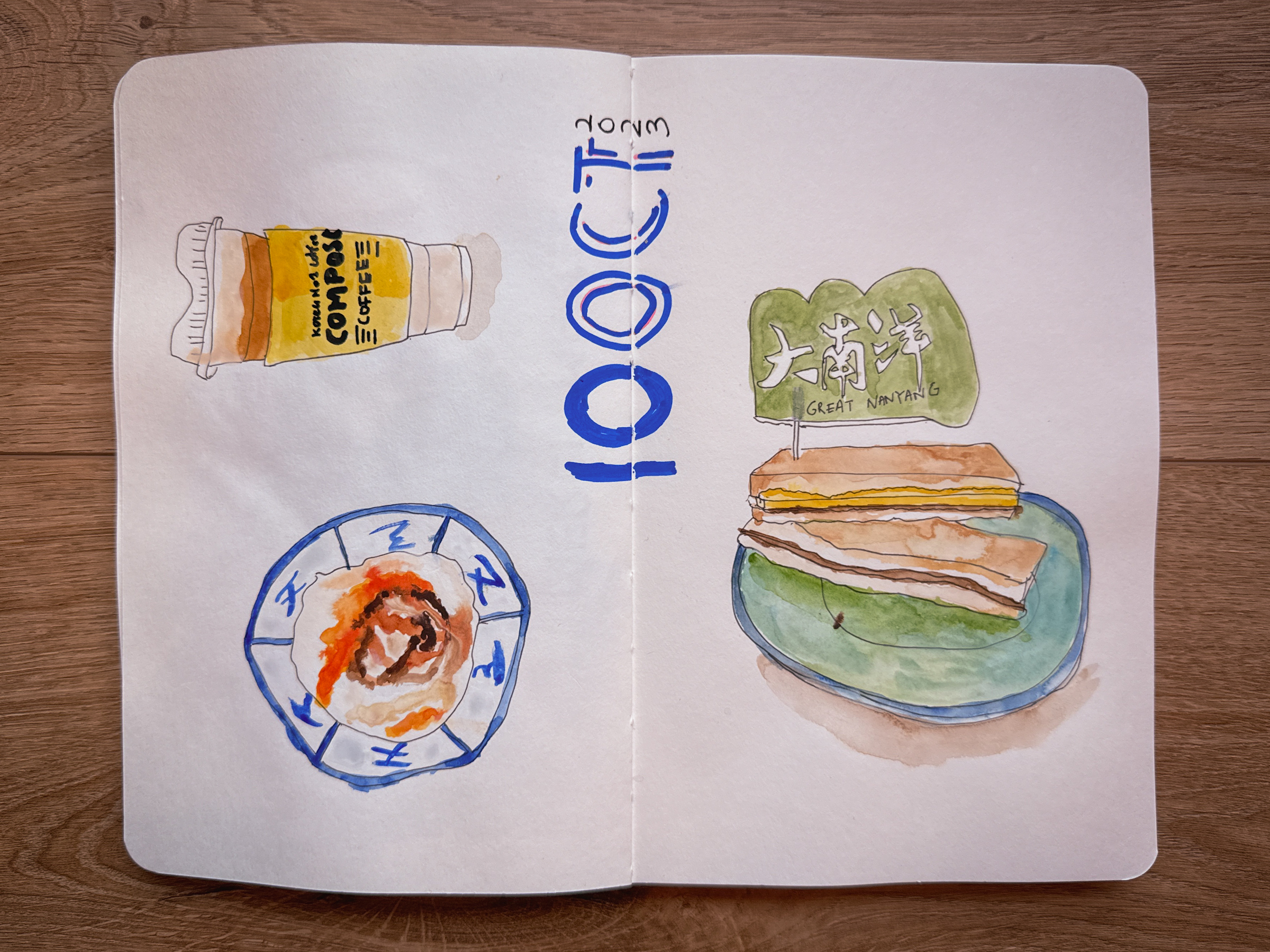 photo of sketchbook spread with a painting of kaya toast, soft-boiled eggs and Compose coffee