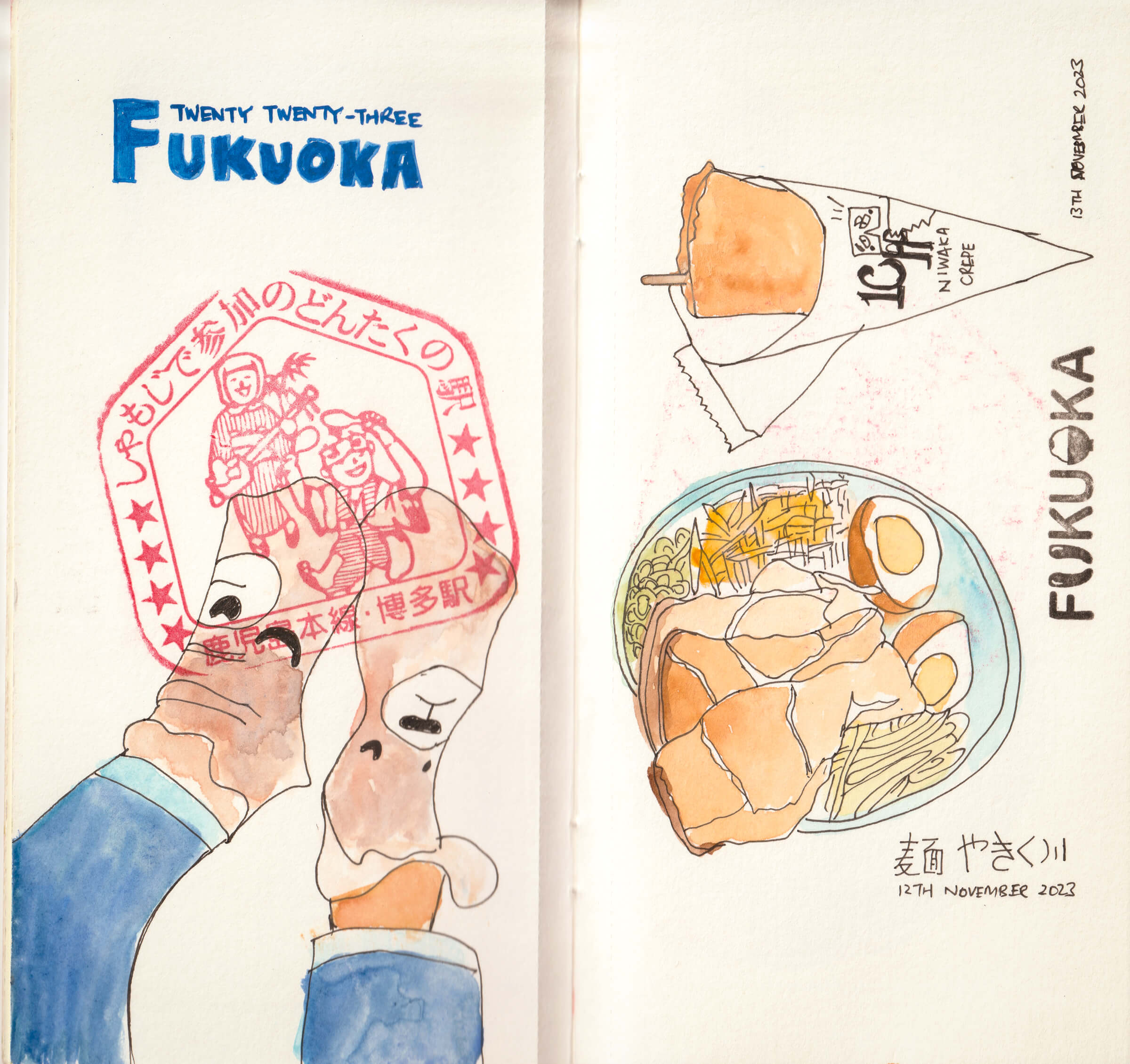 scanned image of my sketchbook spread from my japan trip: Fukuoka