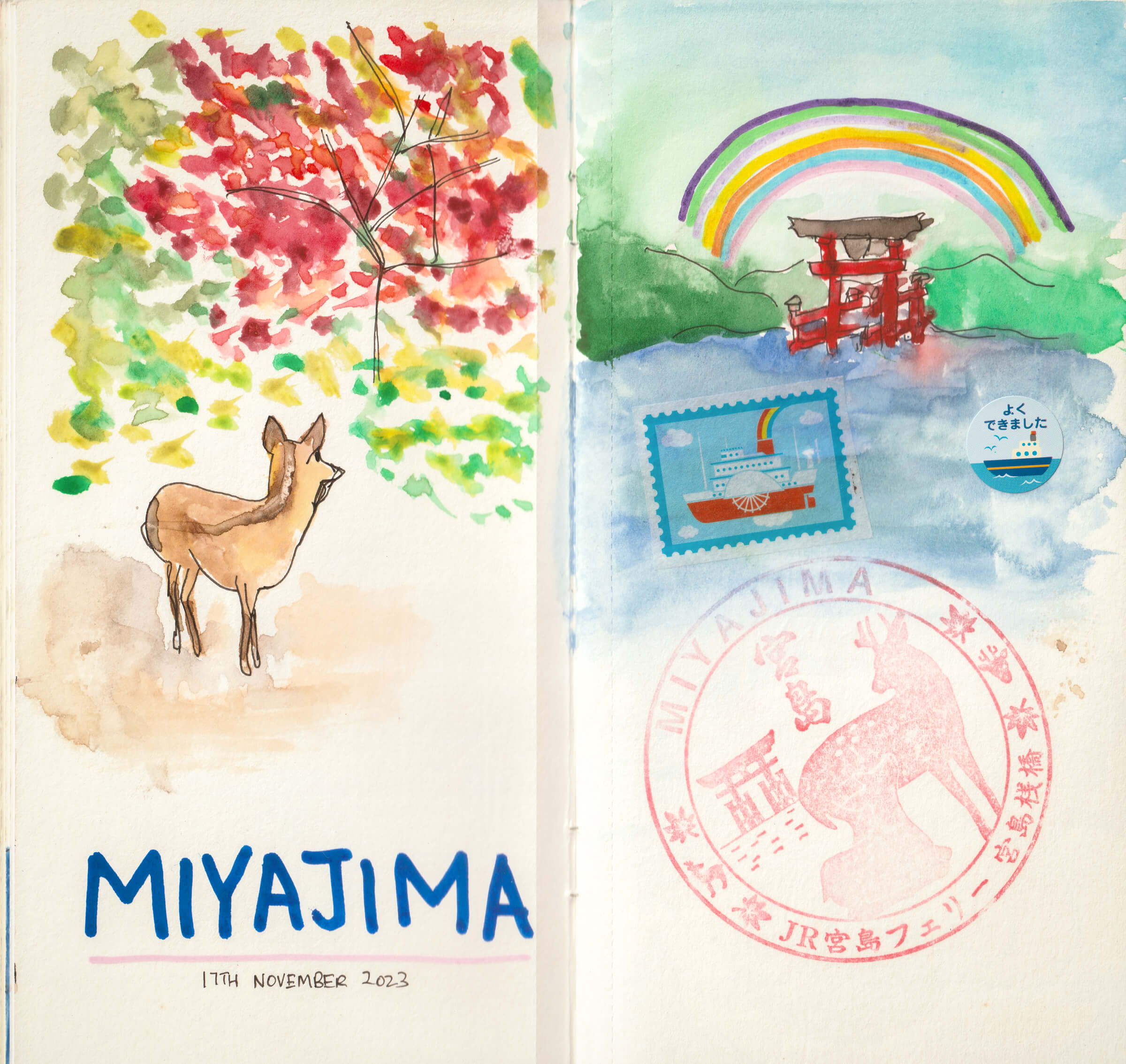 scanned image of my sketchbook spread from my japan trip: Miyajima