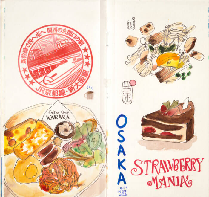 photo of a sketchbook spread drawn of Osaka, Japan