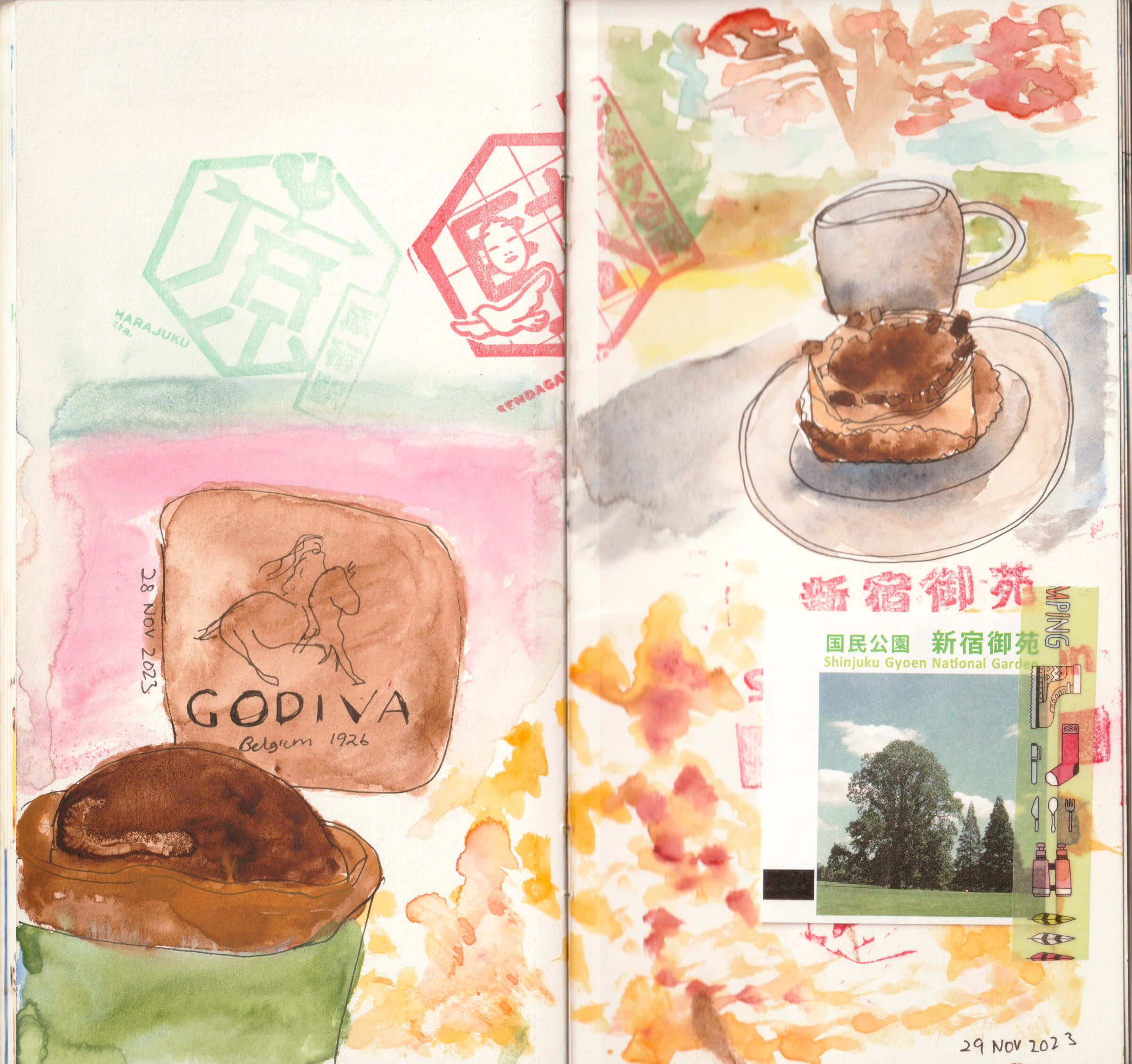 scanned image of my sketchbook spread from my japan trip: tokyo