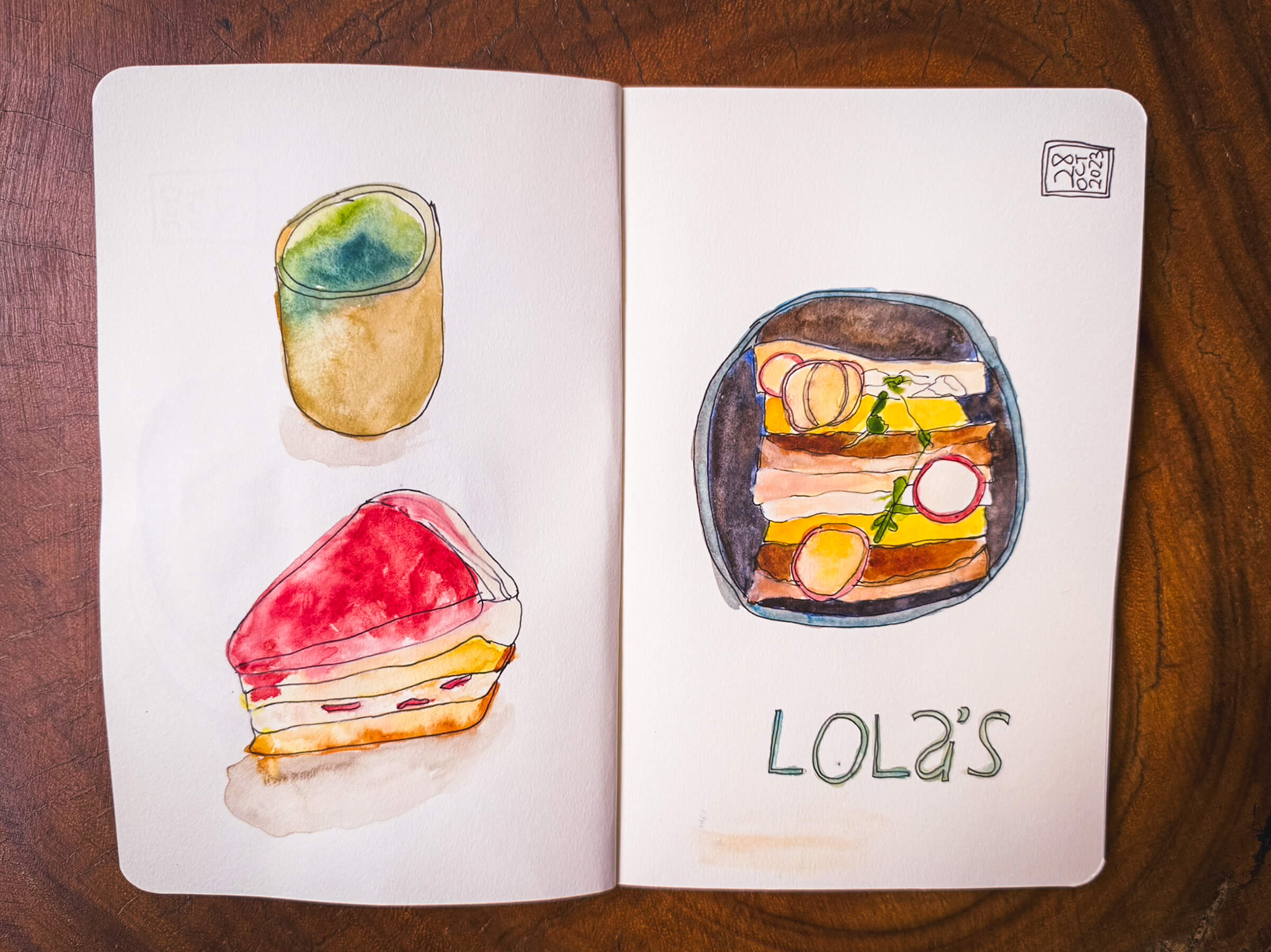 photo of sketchbook spread of matcha latte, strawberry cake and a sandwich