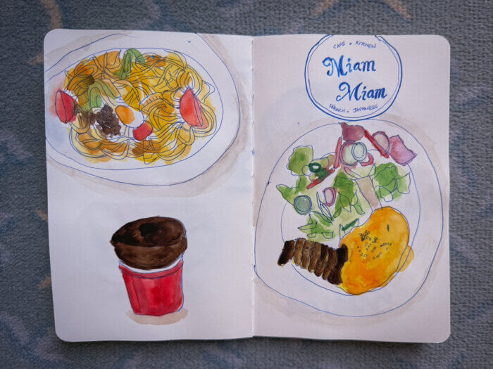 photo of a sketchbook spread that is a watercolour painting of some pasta, souffle and steak