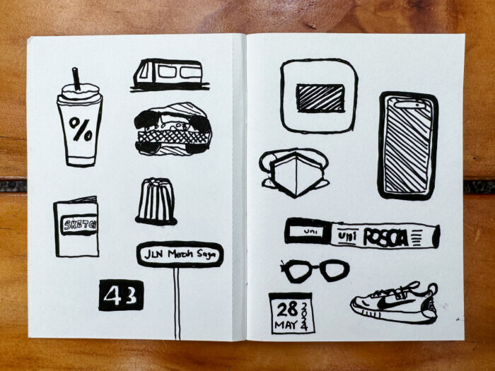 photo of sketchbook spread of icon-style marker art.