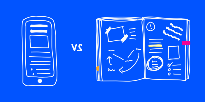 illustration of a display of notes on a mobile device versus a physical notebook