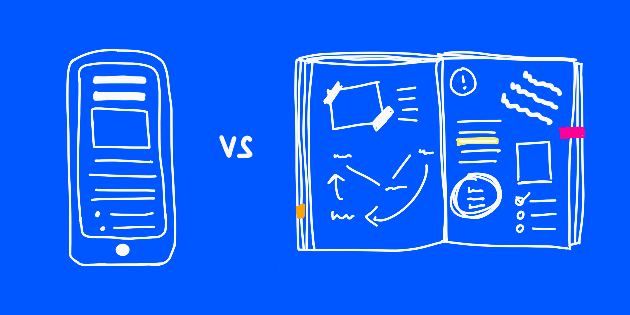 digital illustration of the display of text on a mobile device versus a physical notebook