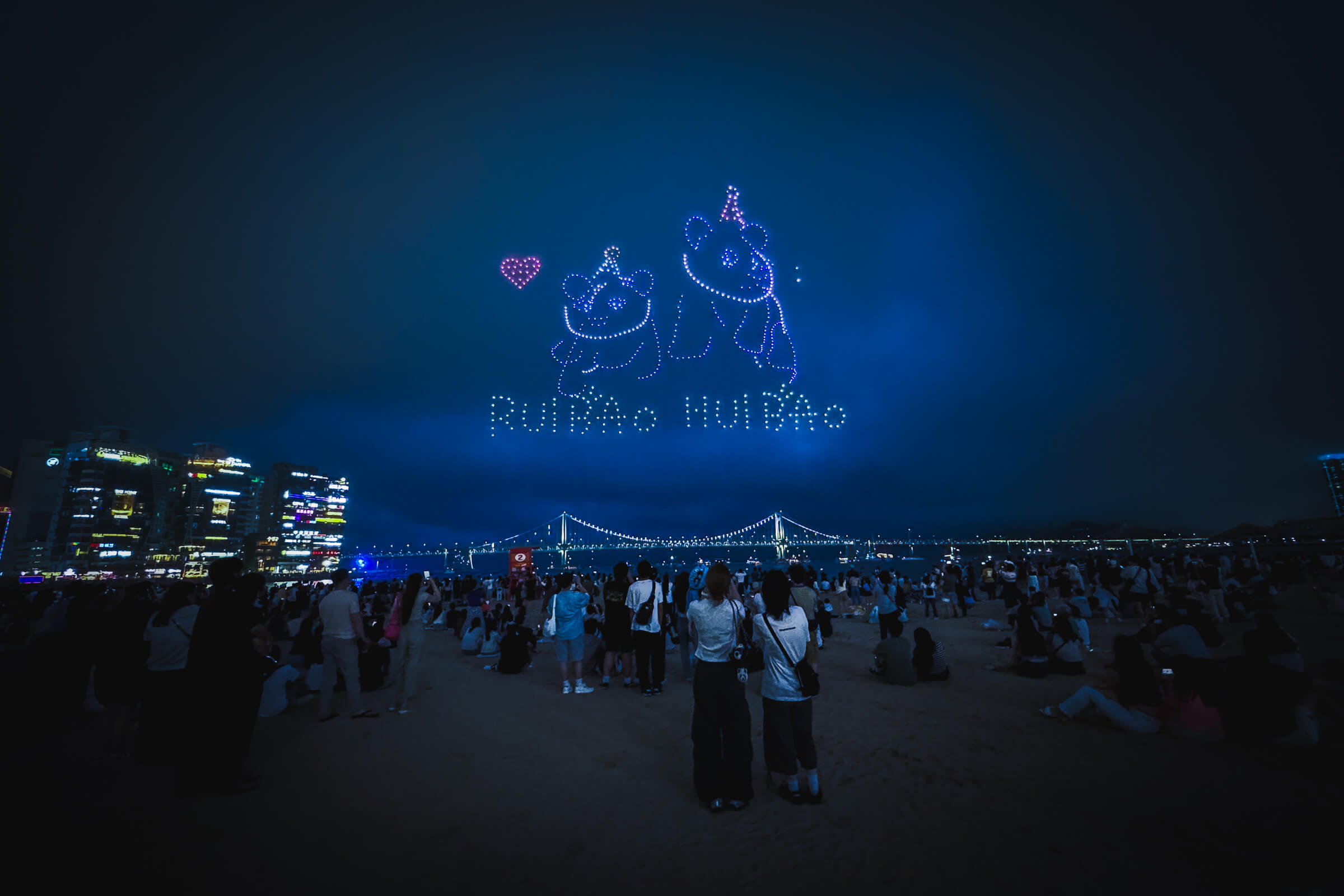 photo of a drone light show making a formation of two pandas