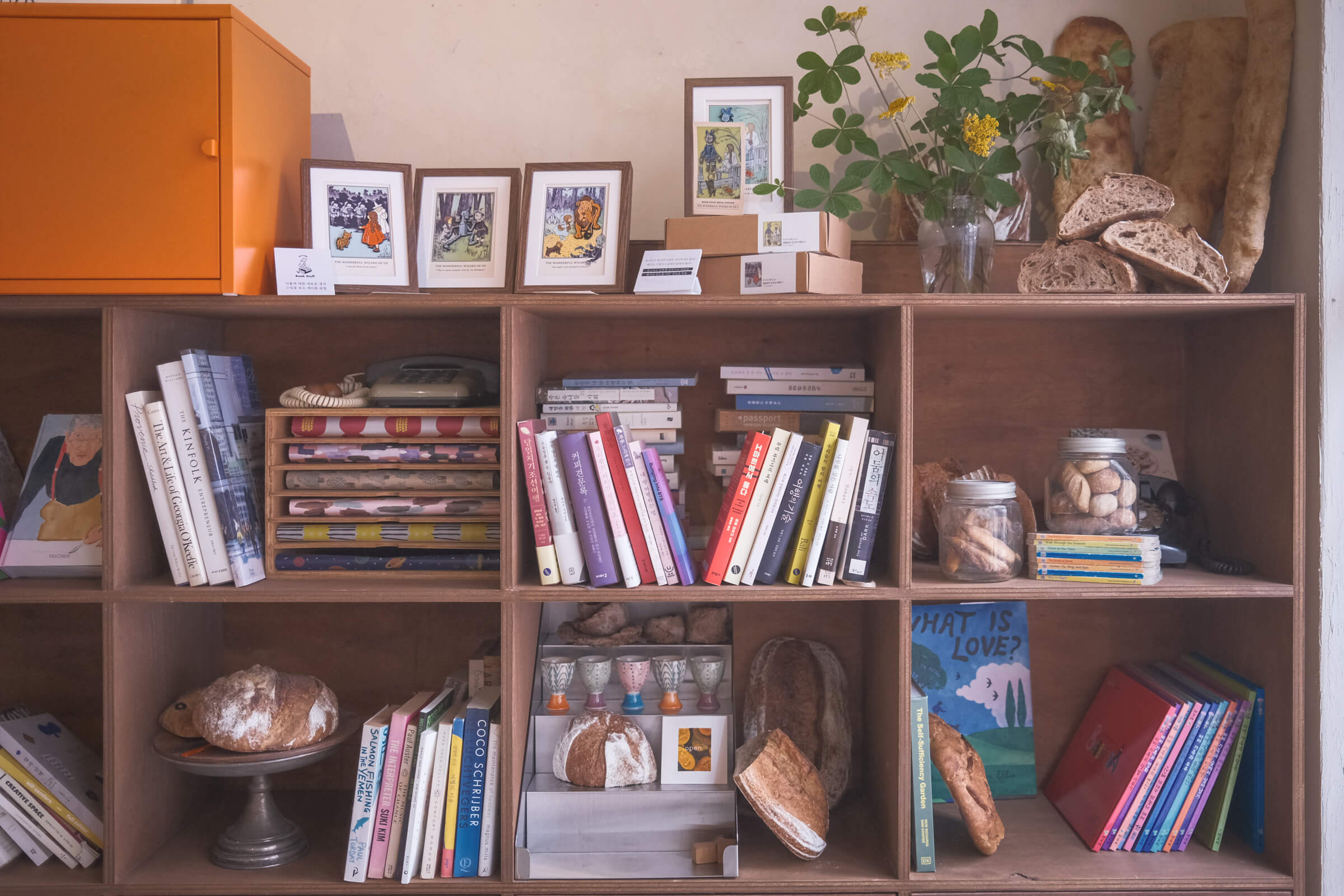 photo of book shelves at lucky bakery, gwangalli beach, busan