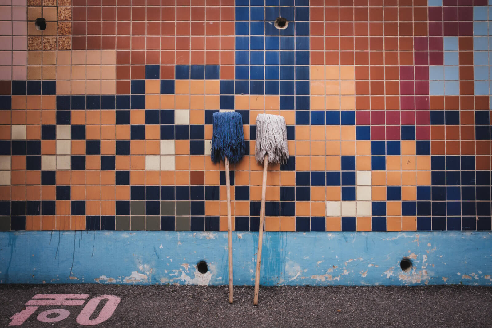 photo of two mops against a tiled background