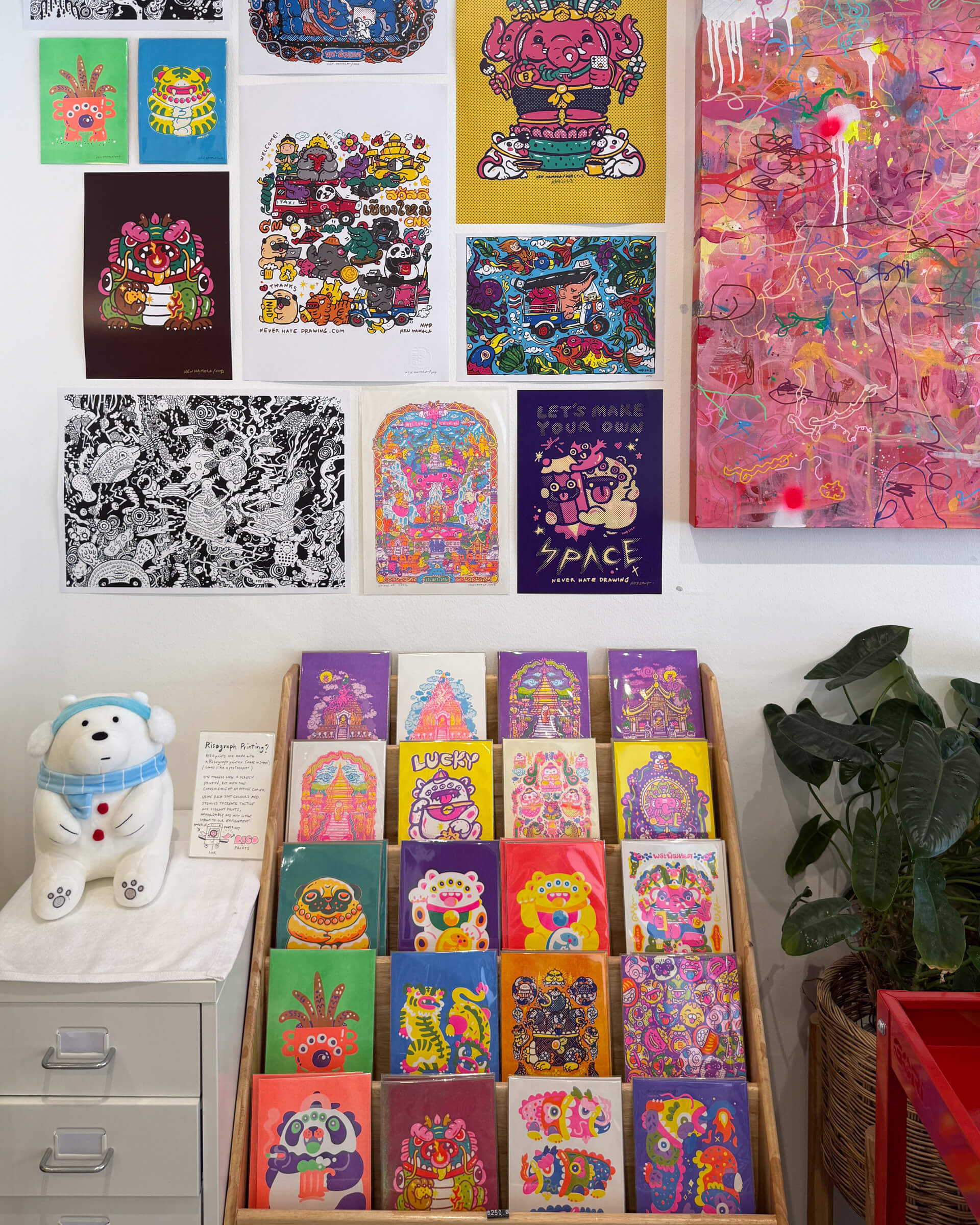 photo of some risograph prints and other illustrations