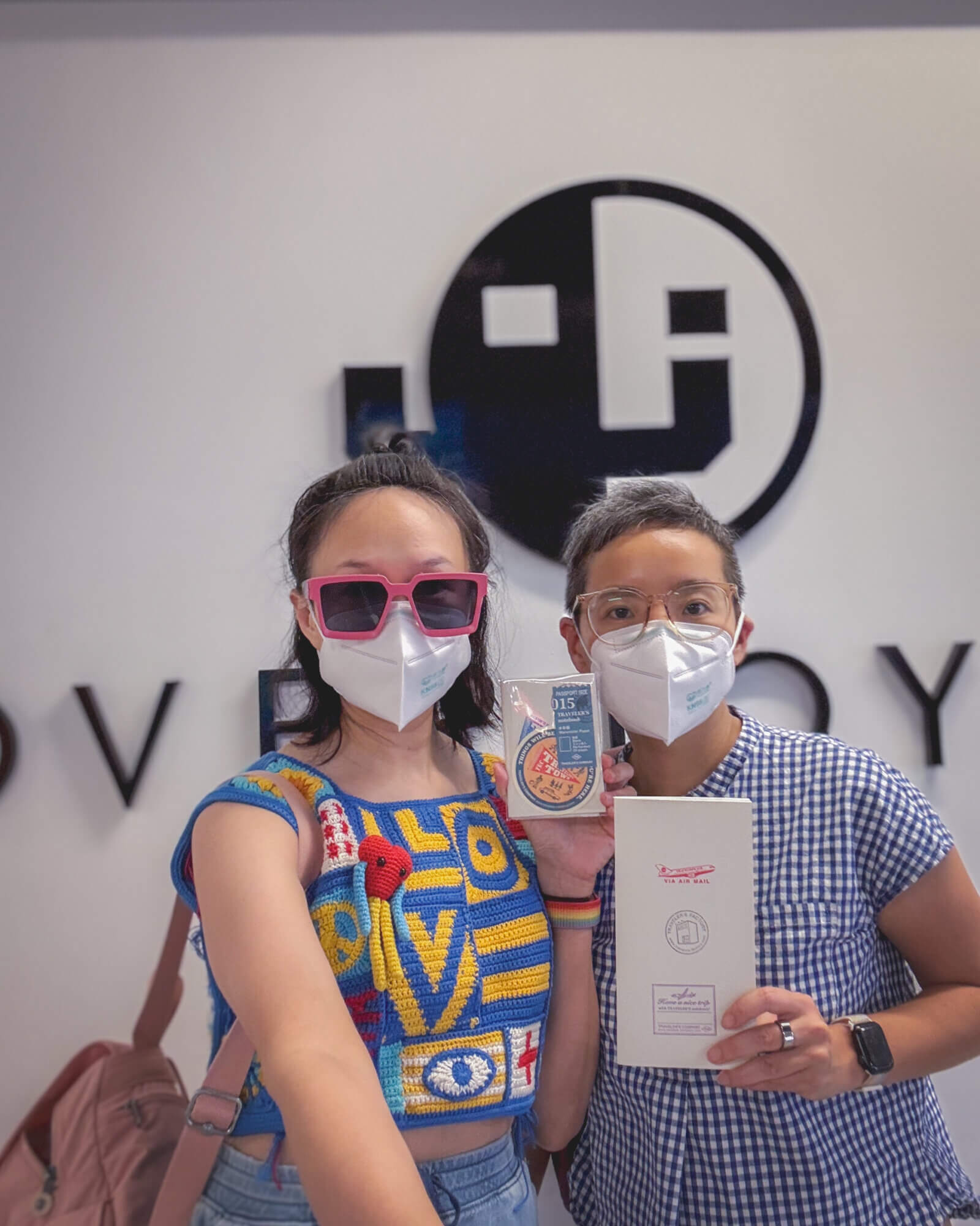 us with masks at the traveler's company stamp caravan at overjoyed, a stationery shop